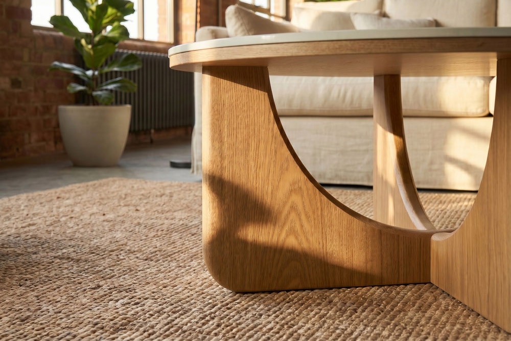 Runder Couchtisch ENSO 80cm weiß Marmor Keramik Eichenholz