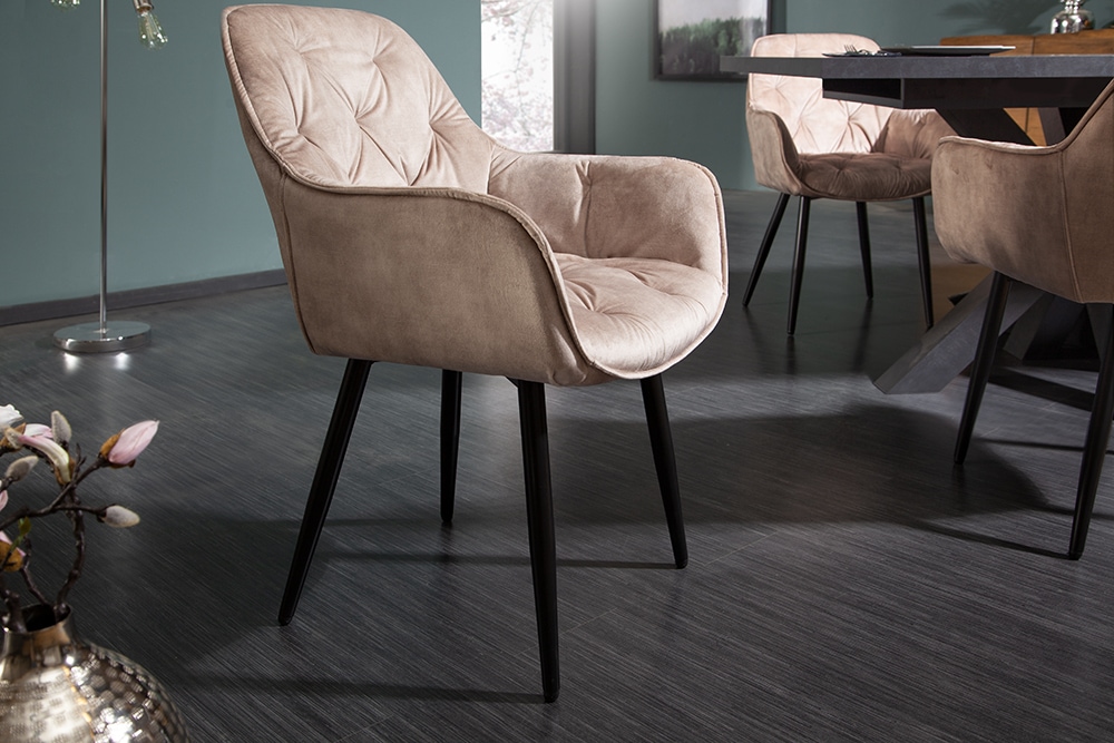 Design Stuhl MILANO champagner beige Samt mit Armlehne gepolstert schwarze Metallbeine