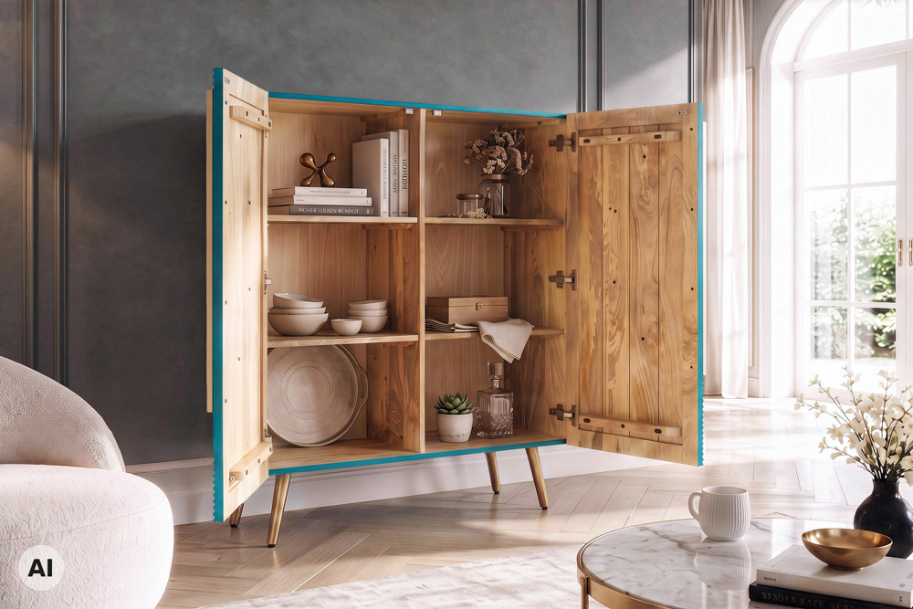 Massives Highboard AURUM 120cm türkis Mangoholz mit ikonischem Gold-Element