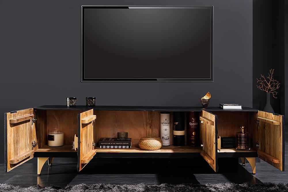 Handgearbeitetes TV-Lowboard GOLDEN SUNSET 180cm schwarz mit 3D Schnitzereien gold Mangoholz massiv Metallfüße