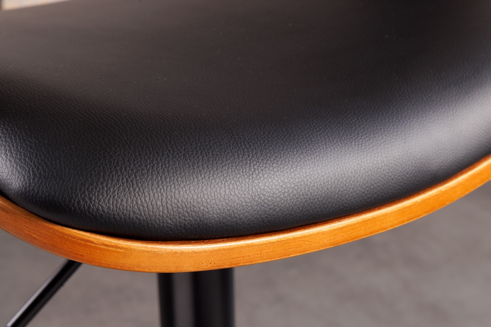 Retro Barhocker MANHATTAN schwarz Kunstleder Walnussholz drehbar höhenverstellbar
