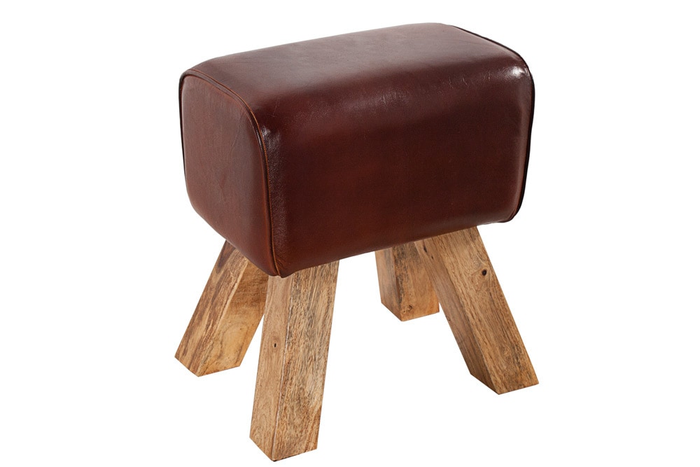Retro Sitzhocker TURNBOCK 40cm mit Echtleder Bezug Mangoholz Hocker