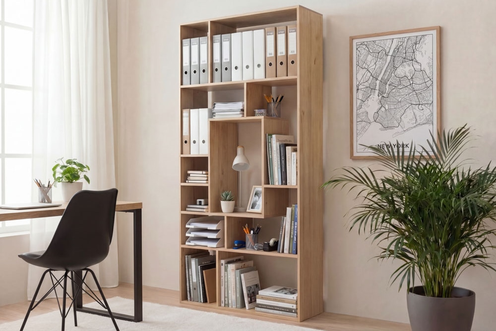 Massives Bücherregal CUBUS 180cm natur Mangoholz cream finish elf Fächer