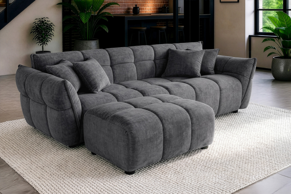 Moderner Hocker CLOUD 100cm grau Vogue Samtstoff Federkern Fußhocker Sitzhocker