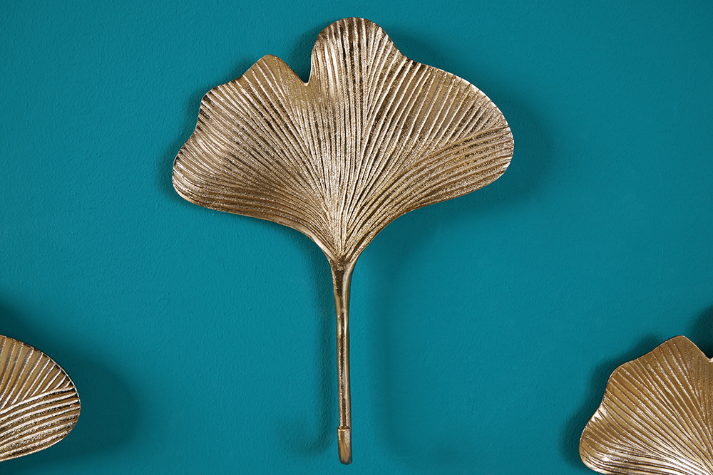 Dekoratives Kleiderhaken 3er Set GINKGO 30cm gold handmade Metall
