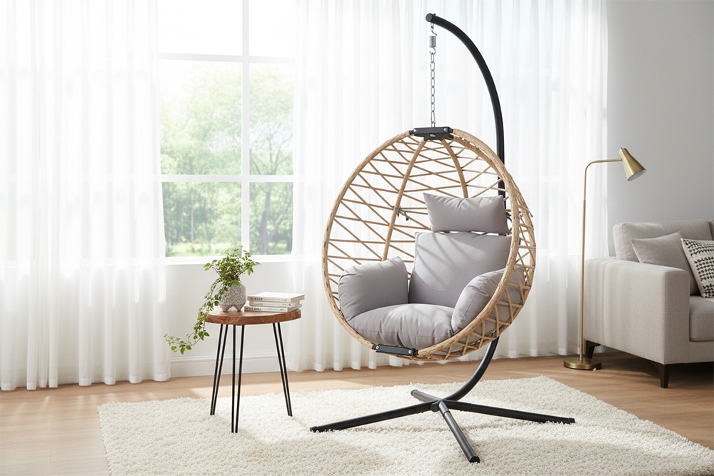 In- und Outdoor Hängesessel IBIZA natur beige Rattan mit Gestell wetterfest inkl. Kissen