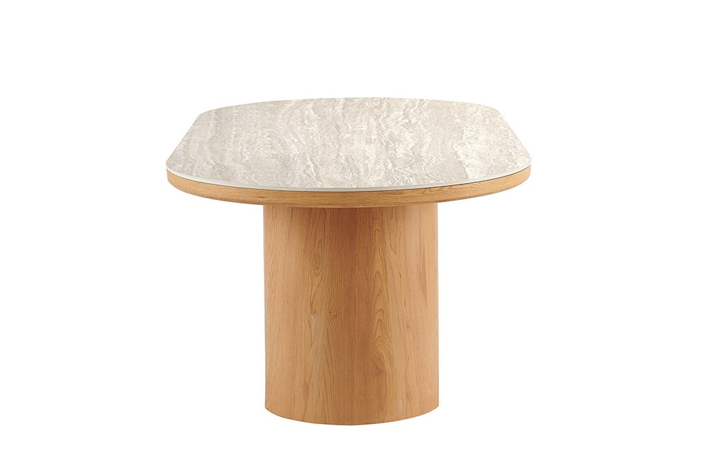 Ovaler Esstisch UNIQUE 200cm beige natur Travertin Eiche mit Säulenfuß