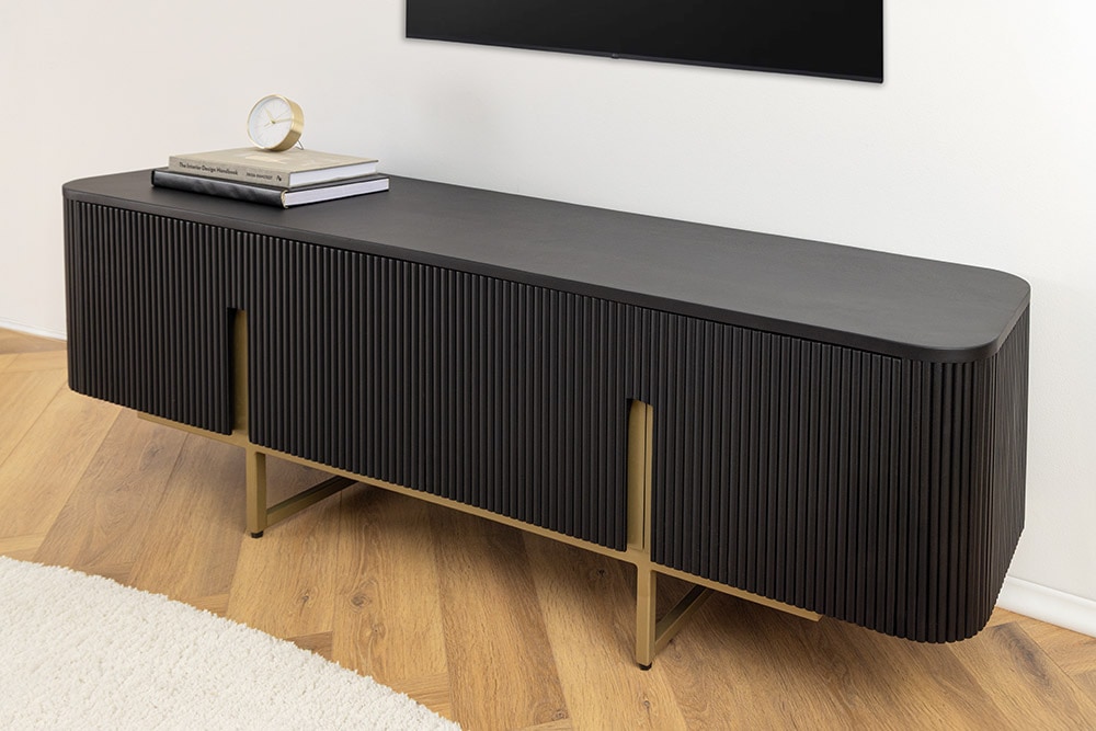 Massives TV-Board GATSBY 160cm schwarz gold Mangoholz Retro Lowboard