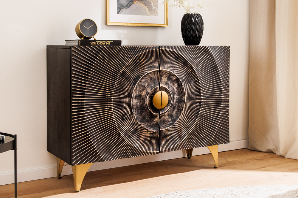 Massives Sideboard GOLDEN SUNSET 100cm schwarz Mangoholz 3D Schnitzerei gold Metall
