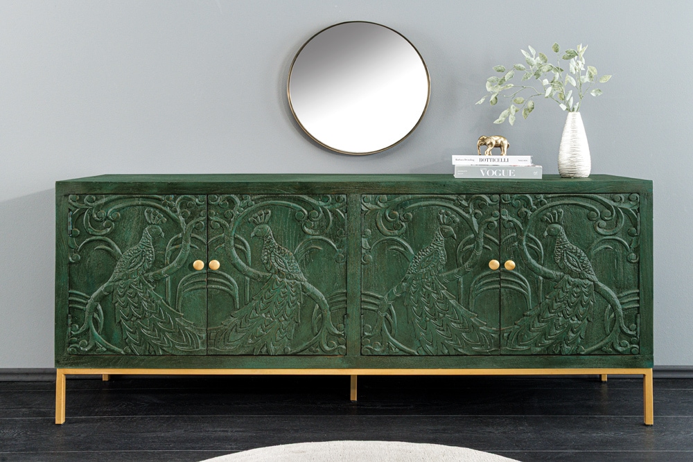 Massives Sideboard PEACOCK 175cm grün Mangoholz antik 3D Schnitzerei Pfau-Design
