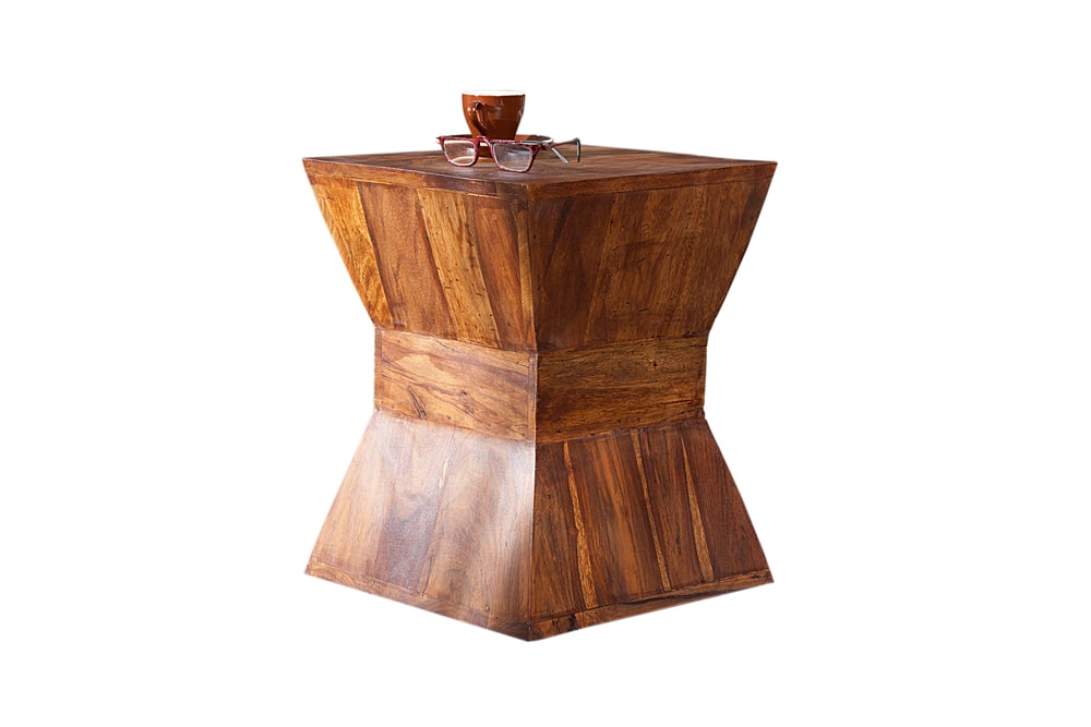 Massiver Beistelltisch PYRAMID 35cm braun Sheeshamholz stone finish Maserung Hocker