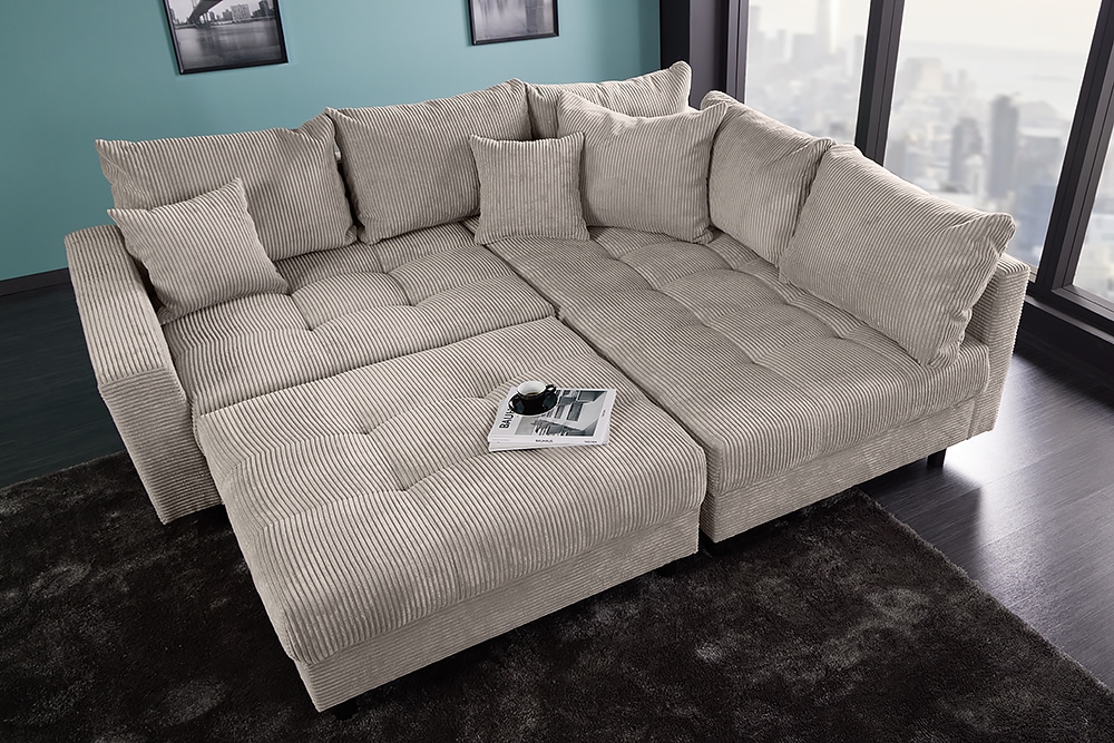 Modernes Ecksofa KENT 220cm greige Cord inkl. Hocker Federkern L-Form Wohnlandschaft