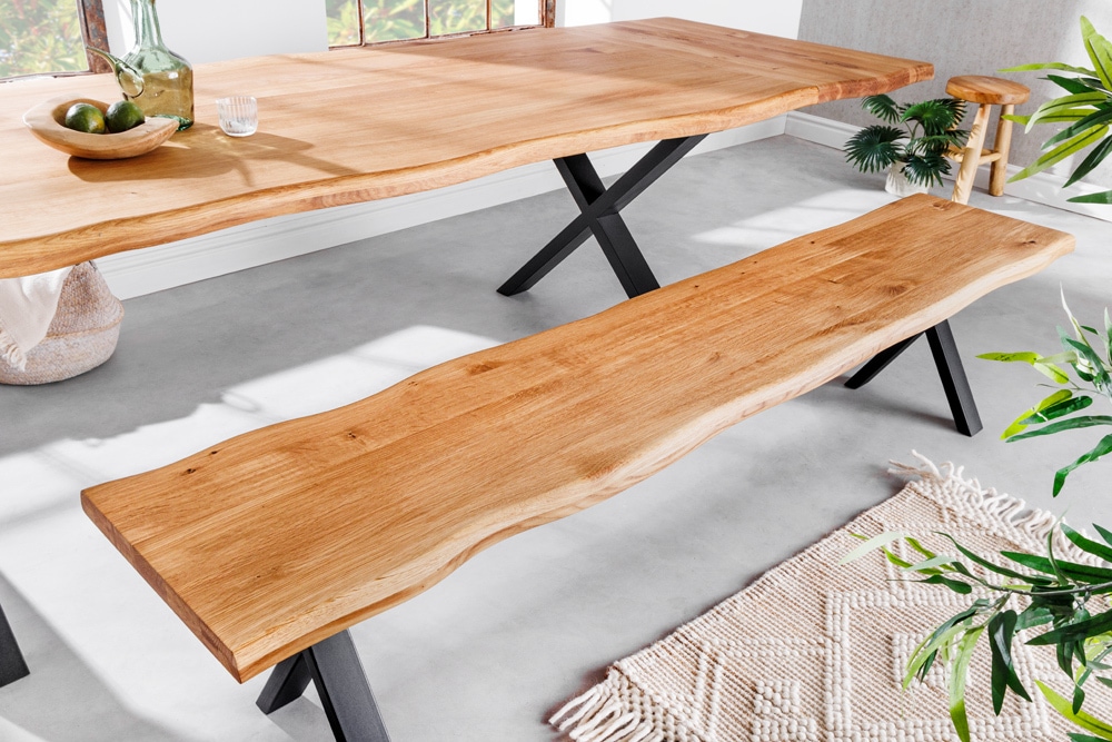 Massivholz Sitzbank WILD OAK 160cm Eiche Baumkante X-Gestell Industrial