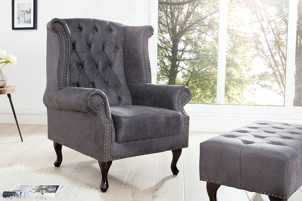 Chesterfield Ohrensessel antik grau Microfaser mit Knopfheftung