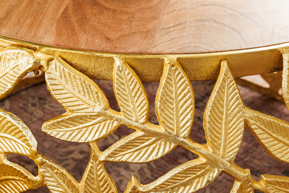 Rundes 2er Set Couchtische ABSTRACT LEAF 70cm natur gold Massivholz Akazie Metall Blatt-Design