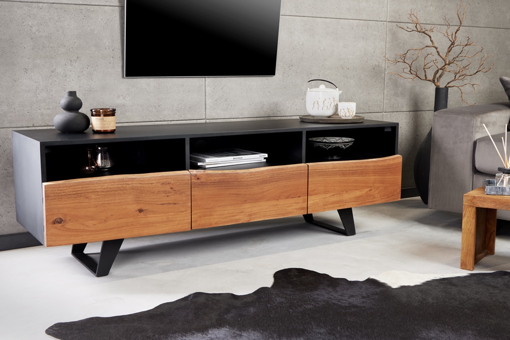 Industrial Design TV-Board ORGANIC ARTWORK 140cm Akazie Massivholz Eisengestell