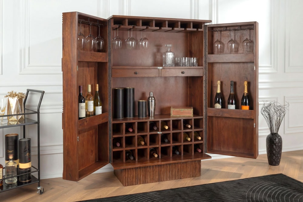 Massiver Barschrank ART DECO 140cm braun Mangoholz 3D-Front Highboard Flaschenregal