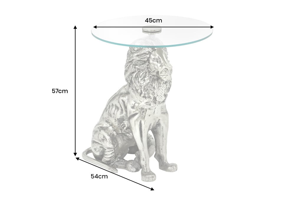 Runder Beistelltisch WILDLIFE LION 60cm silber antik Metall Glas Löwen Skulptur