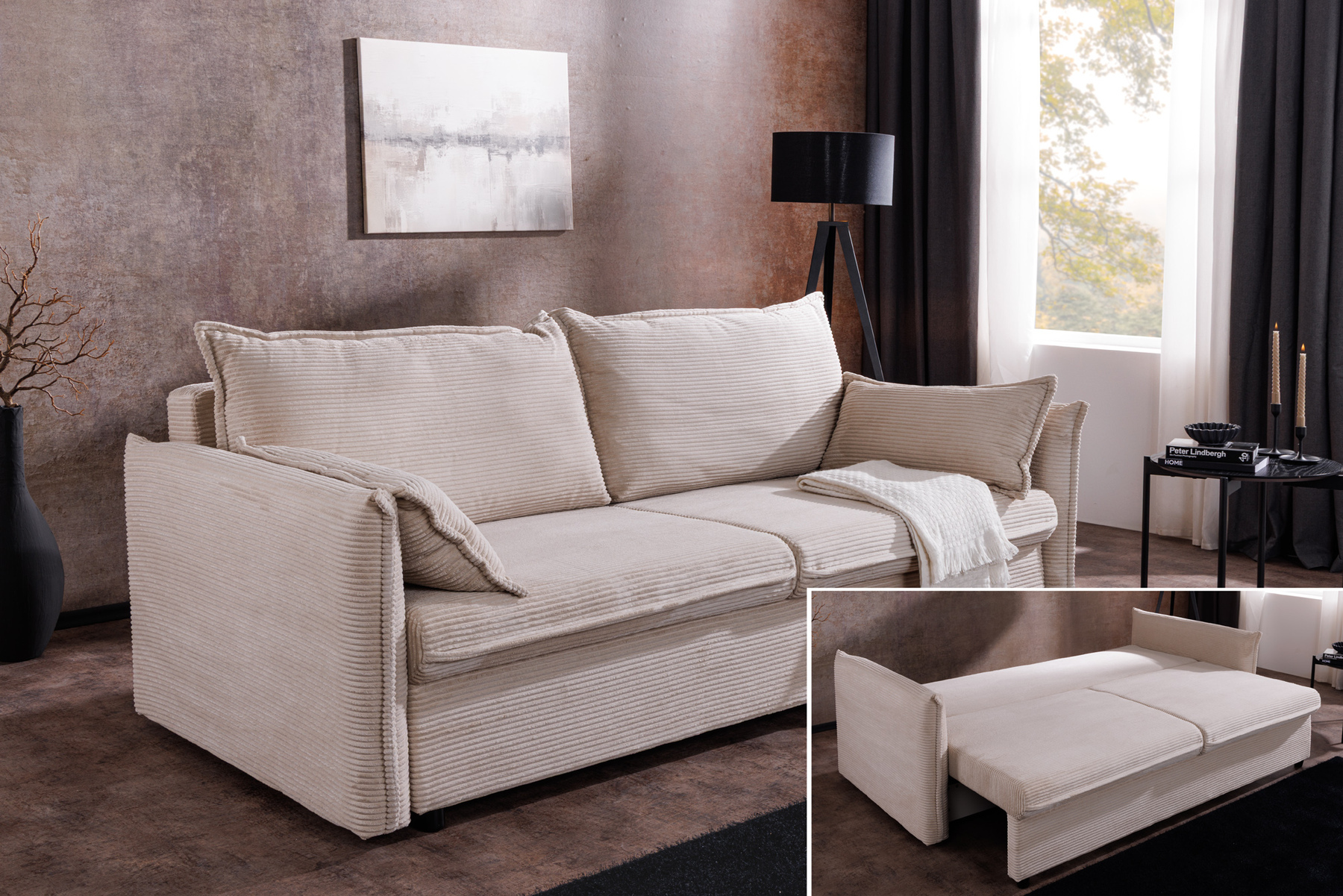 XXL Sofa mit Schlaffunktion APARTMENT beige Cord inkl. Bettkasten und Kissen