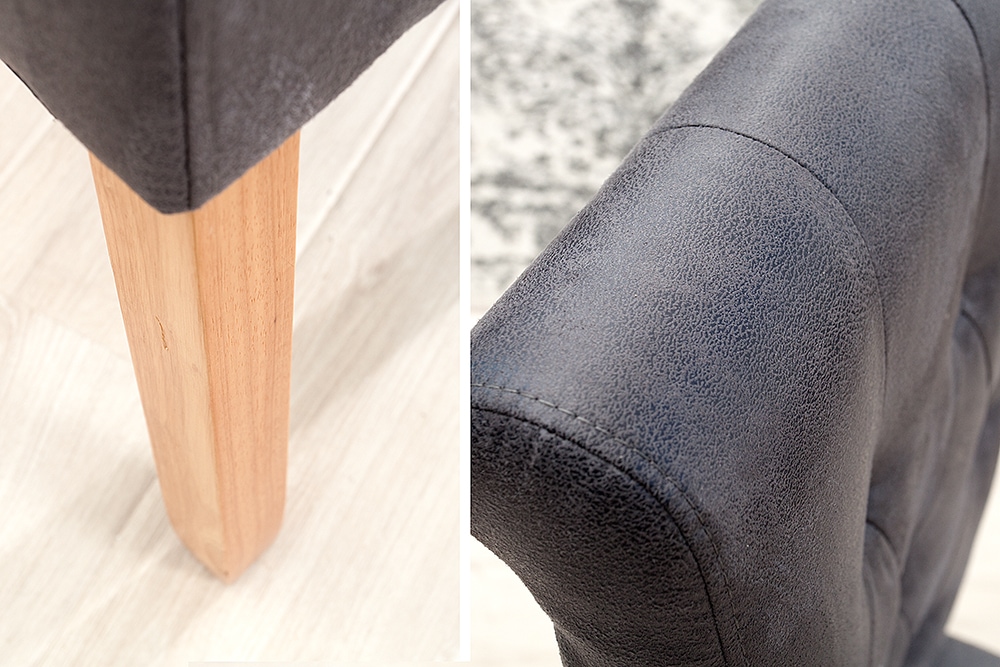 Edler Stuhl CASA vintage grau mit Zierknöpfen Massivholzbeine