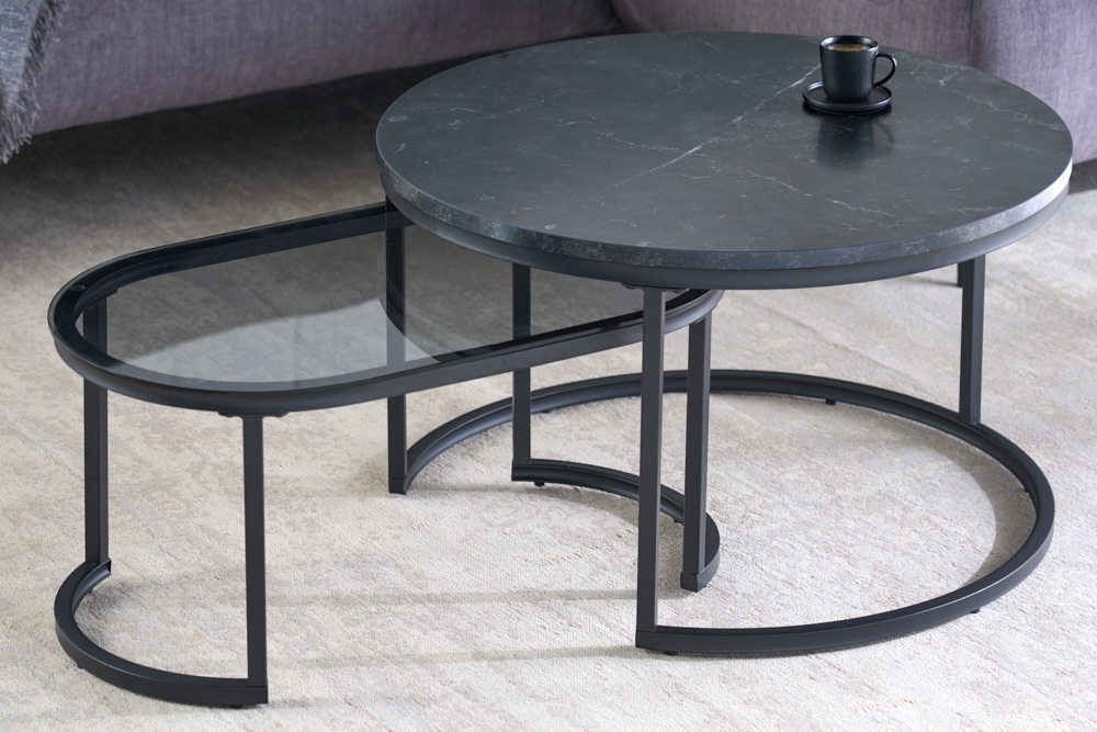 2er Set Couchtisch ELEGANCE 70cm graphit Marmor-Design Glas Metall rund oval