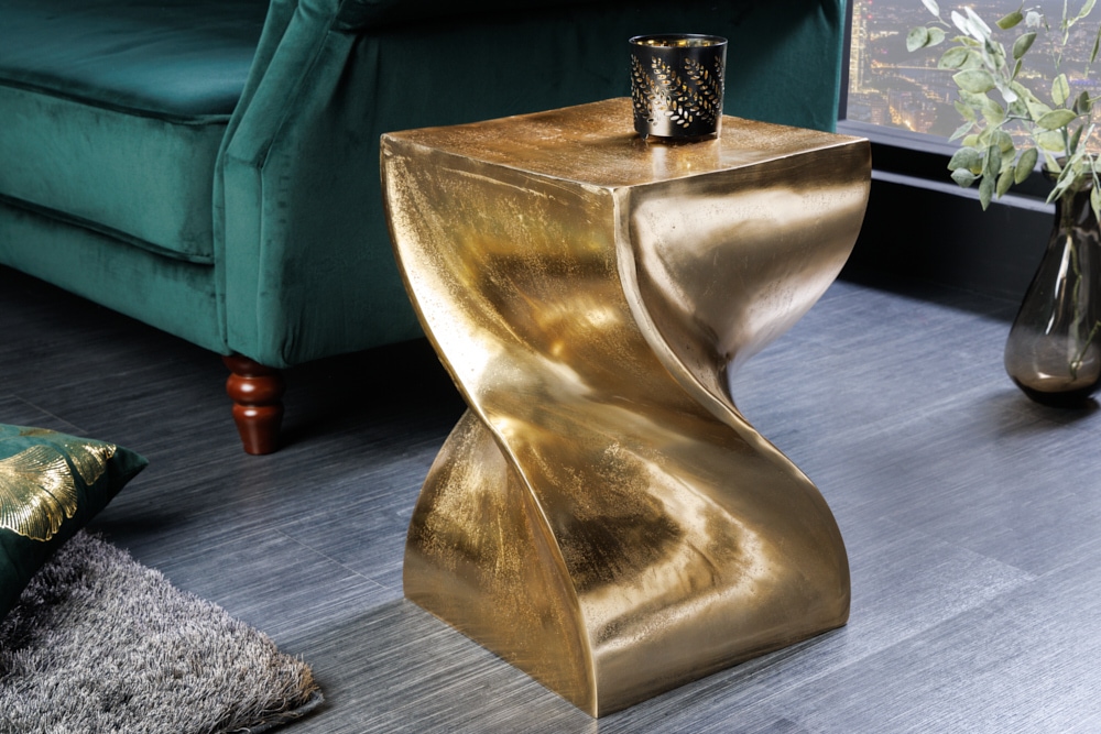 Skulp­tu­raler Beistelltisch TWIST 45cm gold Aluminium handmade Sitzhocker Nachttisch