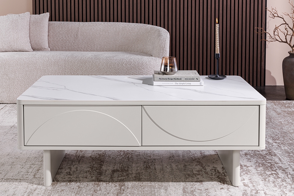 Design Couchtisch SAVOY 120cm kaschmir weiß Keramik Marmor mit Schubladen