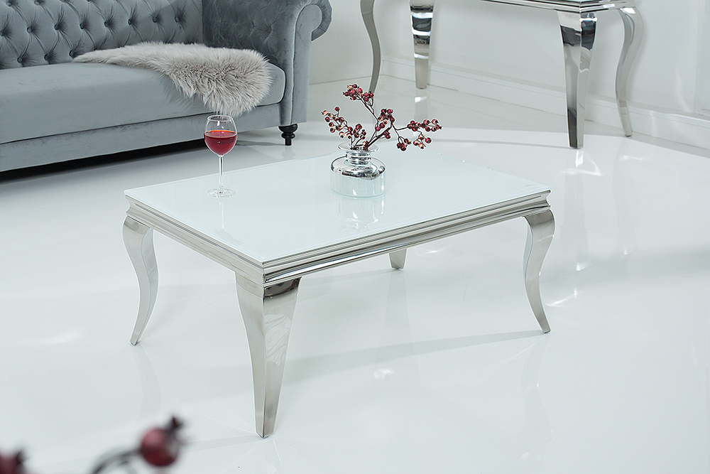 Eleganter Couchtisch MODERN BAROCK 100cm silber mit weißem Opalglas