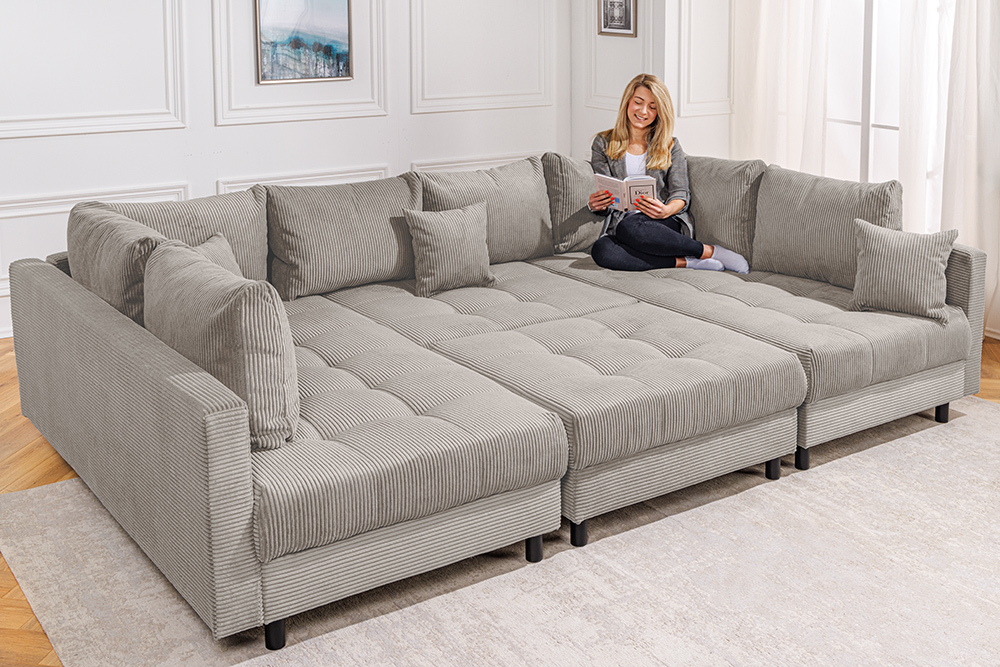 Moderne XXL Wohnlandschaft KENT 305cm greige Cord Bigsofa inkl. Hocker Federkern