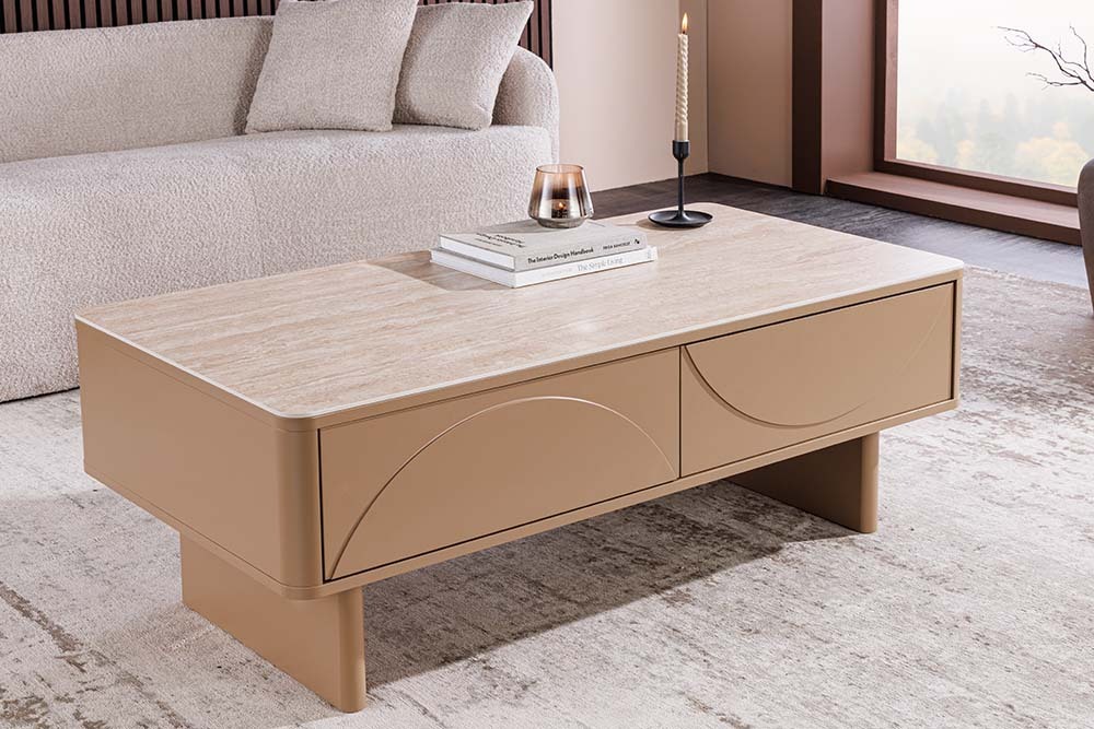 Design Couchtisch SAVOY 120cm grau beige greige Keramik Travertin mit Schublade