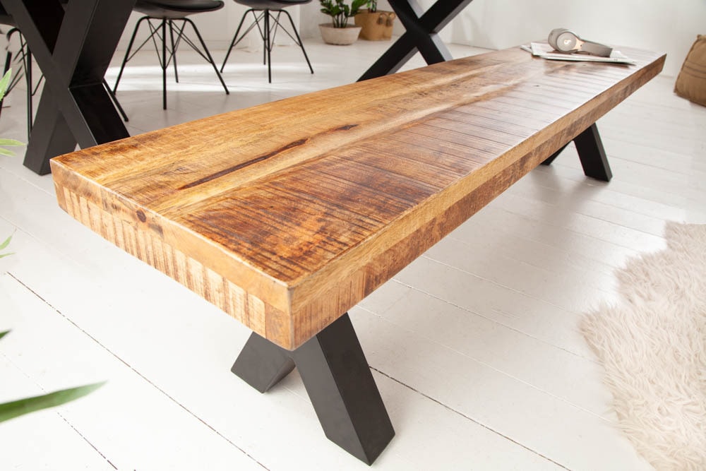 Industrial Sitzbank IRON CRAFT 200cm Mangoholz mit X-Beinen in schwarz