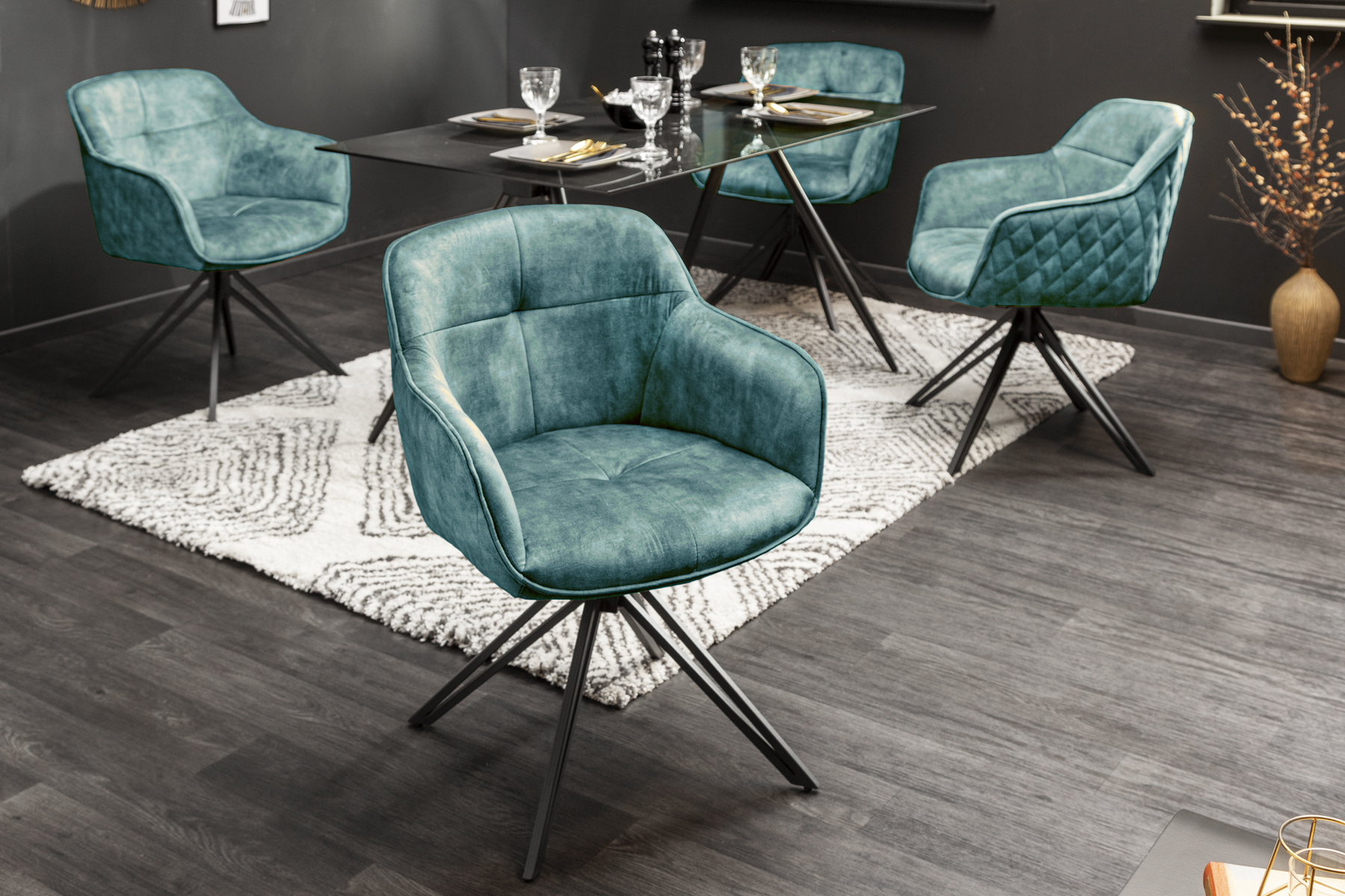 Drehbarer Design Stuhl EUPHORIA petrol Samt mit Armlehne Metallgestell schwarz