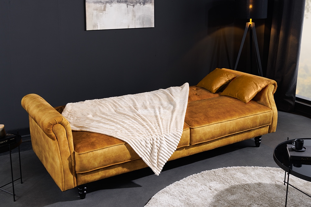 3-Sitzer Sofa MAISON BELLE AFFAIRE 220cm senfgelb Samt mit Schlaffunktion