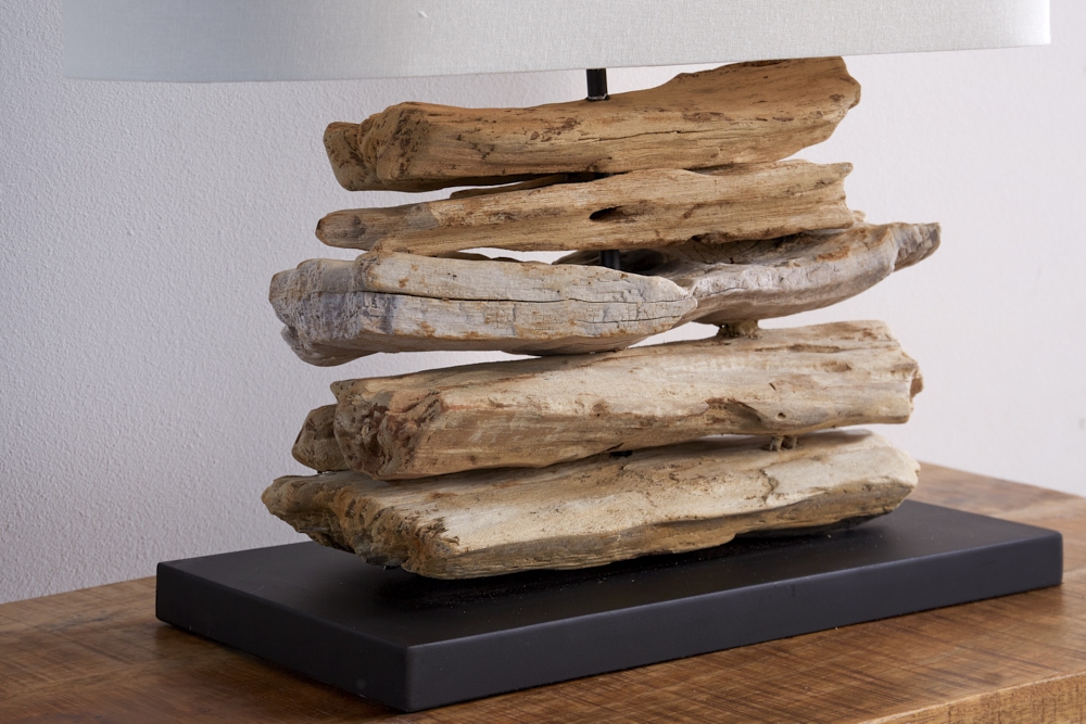 Handgearbeitete Treibholz Lampe RIVERINE 55cm creme Leinenschirm Tischleuchte