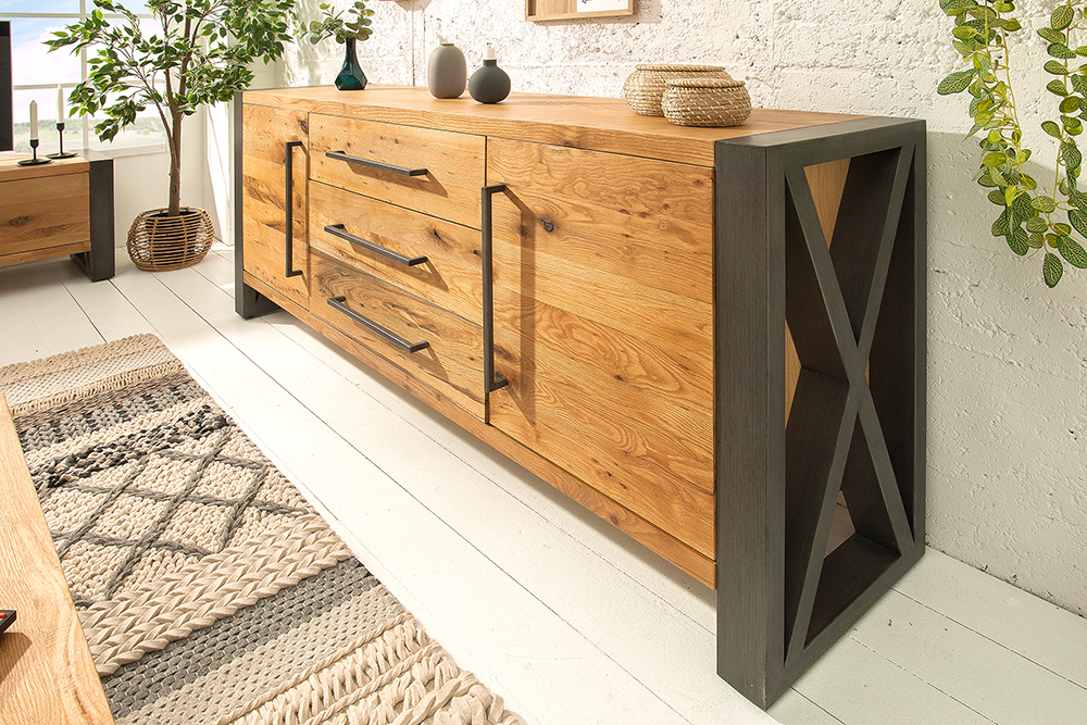 Massivholz Sideboard THOR 200cm mit Schubladen natur Wildeiche geölt Metall schwarz