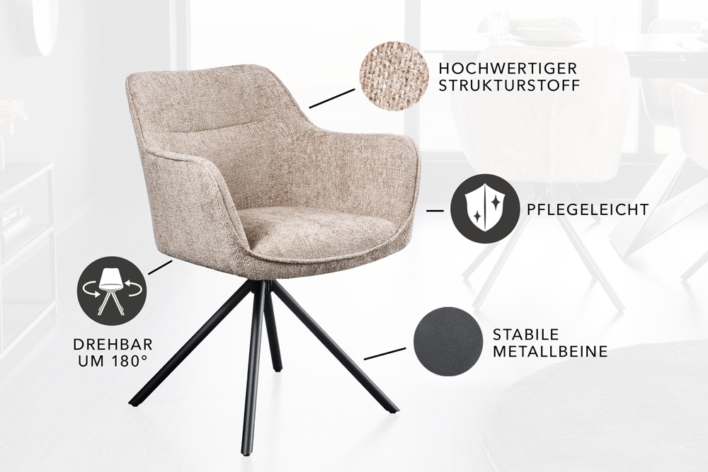 Drehbarer Stuhl VERONA champagner beige Strukturstoff mit Armlehne Metallbeine schwarz