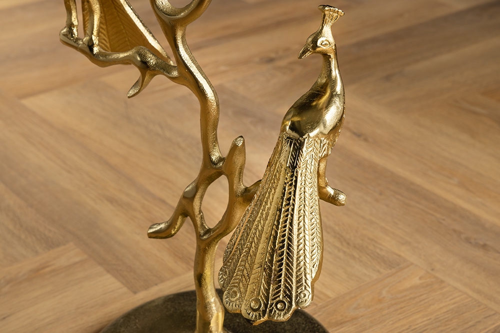 Runder Beistelltisch WILDLIFE PEACOCK 60cm gold Glasplatte Metall Pfauen-Skulptur