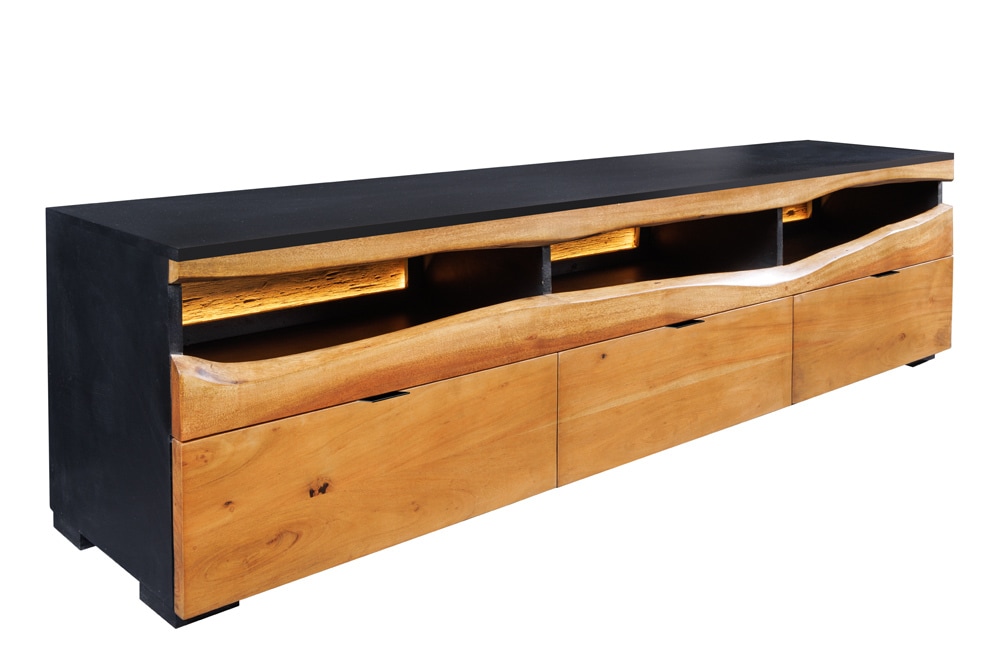 Massivholz TV-Lowboard GRAND ACACIA 180cm braun Akazie mit LED-Beleuchtung Baumkante