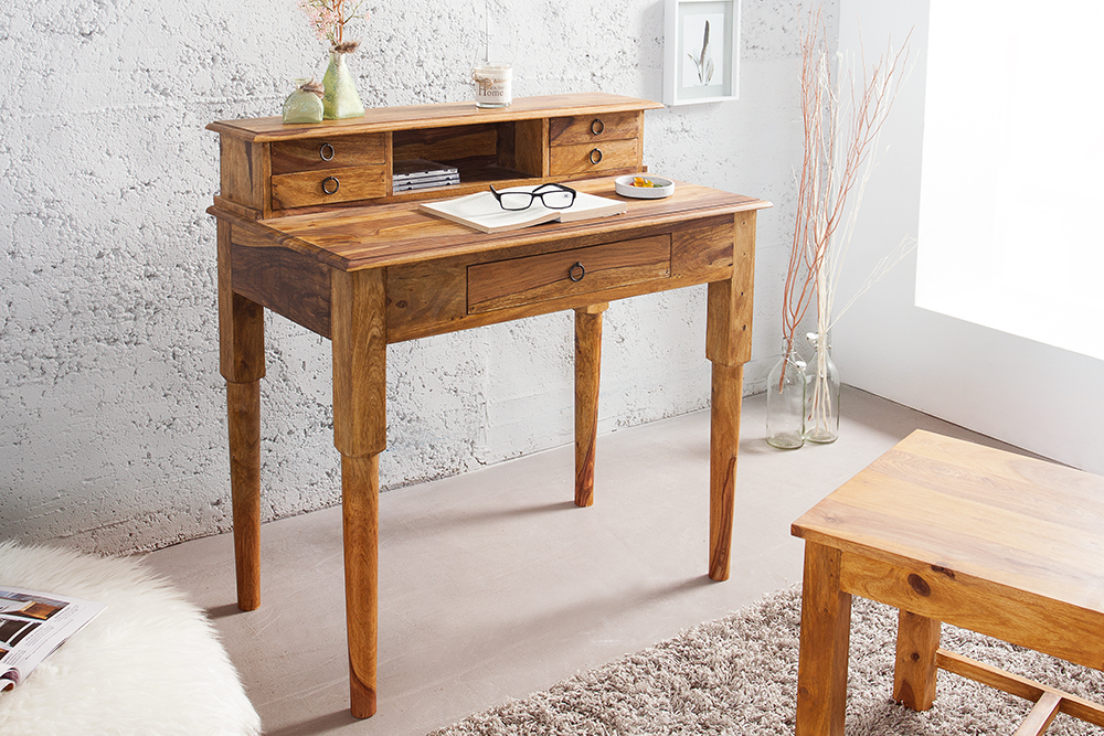 Design Sekretär HEMINGWAY M 90cm braun Sheesham Massivholz stone finish Schreibtisch