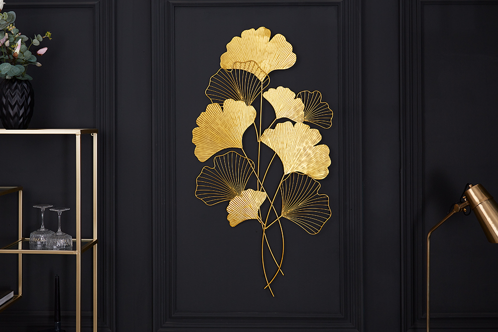 Elegante Wanddeko GINKGO 110cm gold in filigraner Blattform