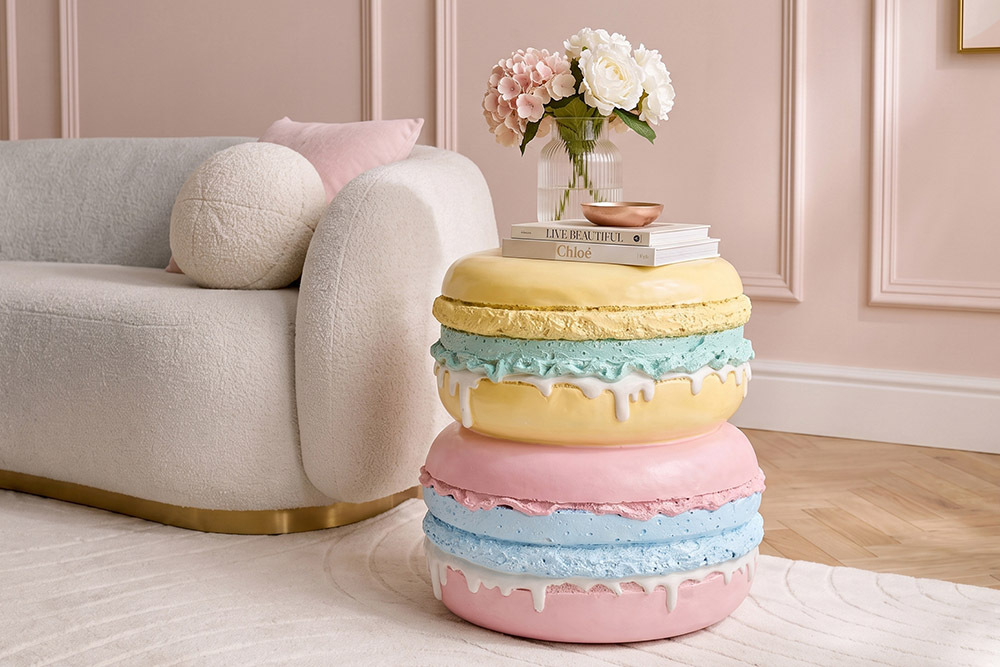 Außergewöhnlicher Beistelltisch MACARONS 50cm gelb rosa Fiberglas rund handmade » Jetzt kaufen