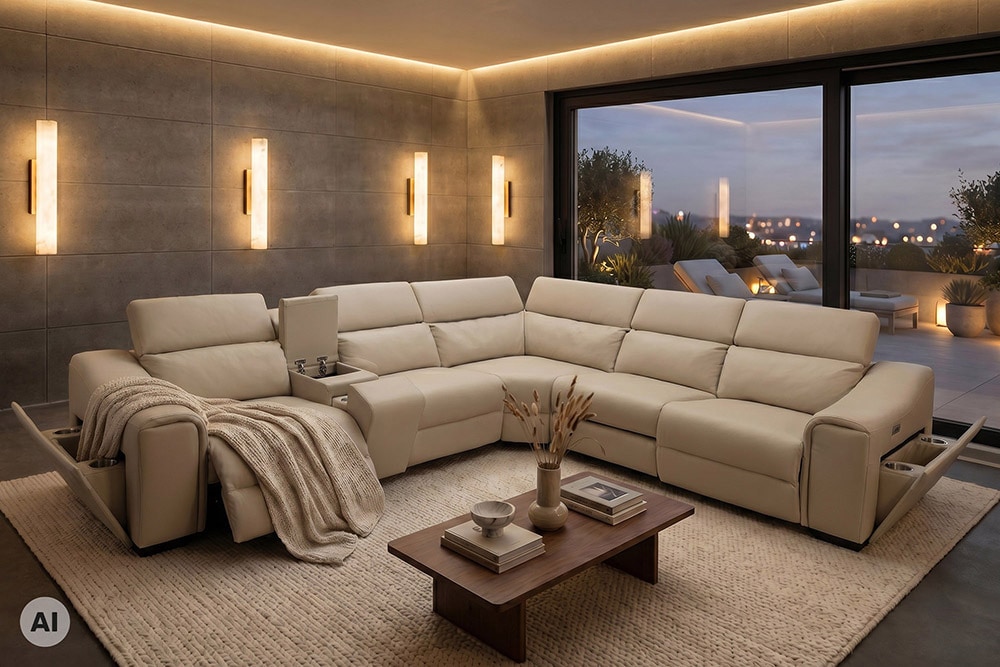Multifunktionales Ecksofa PRIME 300cm beige Kunstleder Relaxfunktion Getränkehalter