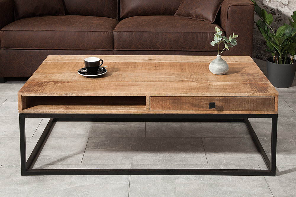 Massiver Couchtisch IRON CRAFT 100cm Mangoholz mit Schublade schwarzes Metallgestell