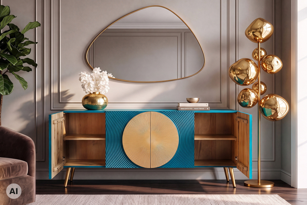 Massives Sideboard AURUM 180cm türkis Mangoholz mit ikonischem Gold-Element