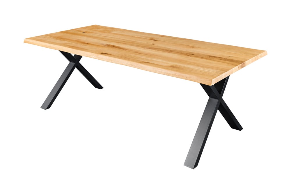 Massivholz Esstisch WILD OAK 160cm natur Wildeiche Baumkante geölt schwarz X-Gestell