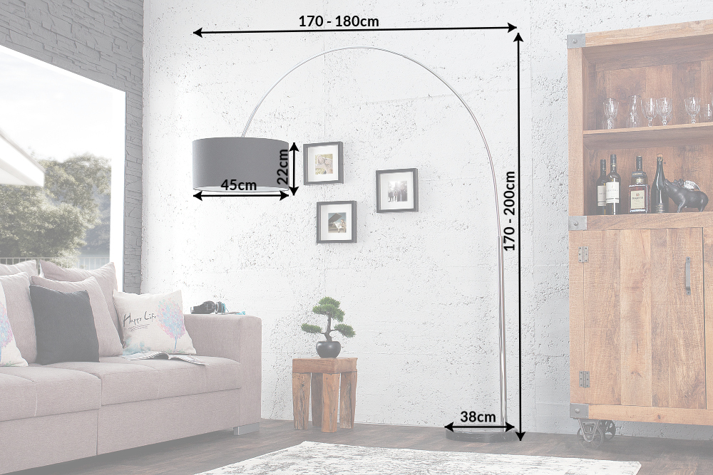 Ausziehbare Bogenlampe LOUNGE DEAL 170-200cm schwarz Leinenschirm Stehlampe