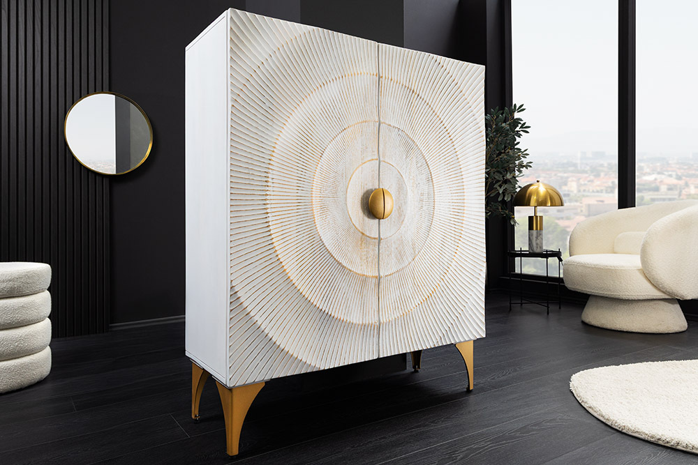 Massives Highboard GOLDEN SUNSET 120cm weiß gold Mangoholz mit 3D Schnitzereien Massives Highboard GOLDEN SUNSET 120cm weiß gold Mangoholz mit 3D Schnitzereien