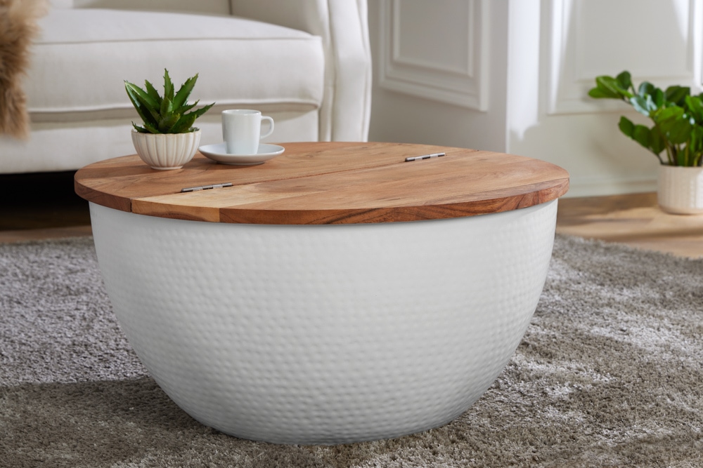 Runder Couchtisch ORIENT STORAGE 60cm weiß Akazienholz mit Stauraum Hammerschlag handmade
