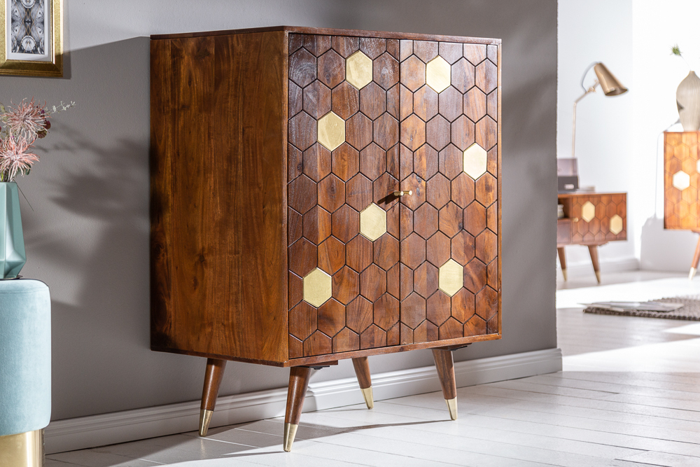 Massiver Barschrank MYSTIC LIVING 75cm Akazie braun gold Retro Design