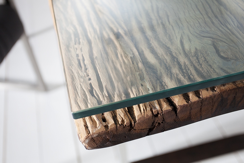 Massiver Esstisch BARRACUDA 240cm antik Teak Holz mit Stahl Kufenfüßen inkl. Glasplatte